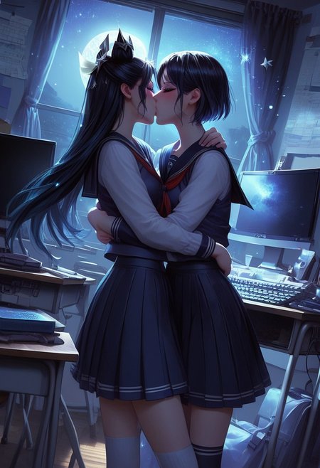 score_9, score_8_up, score_7_up, source_anime, <lora:Fixhands_anime_bdsqlsz_V1:1>, <lora:Expressive_H:0.7>, Expressiveh,
masterpiece, highres, ultra detailed, best quality, extremely detailed face, perfect lighting,
beautiful skin, shiny hair, shiny eyes, eyelashes, detailed eyes, kiss, closed eyes, blush, long hair,
multiple girls, 2girls, yuri, school uniform, skirt, serafuku, pleated skirt, socks, long sleeves, couple, sailor collar, kneehighs, school, room, computer desk, keyboard, monitor, night view, moonlight, full moon, short cut, standing, hug, neckerchief, light particles:1.5, indoors, cowboy shot, 
<lora:daisyuki_pony_V1.0:0.7>, daisyuki, girl 1 is prestige star guardian syndra