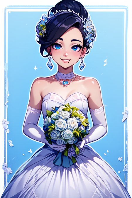 score_9, score_8_up, score_8, medium breasts, (curvy), cute, eyelashes,       BREAK, , zzMai, black hair, blue eyes, mole, mole under mouth, short hair, eyelashes,<lora:MaiPokemon_PDXL:0.7>, , BREAK, smile, looking at viewer,  bride, wedding dress, bridal veil, strapless dress, elbow gloves,  holding bouquet,  hearts, white outline, cowboy shot, embedding:zPDXL, Expressiveh,  <lora:Vivid:0.7>,  <lora:LFashionPDXL:1>,  <lora:Uncensored_PonyXL_cpt_v02.09:0.4>,  <lora:Expressive_H-000001:0.4>,