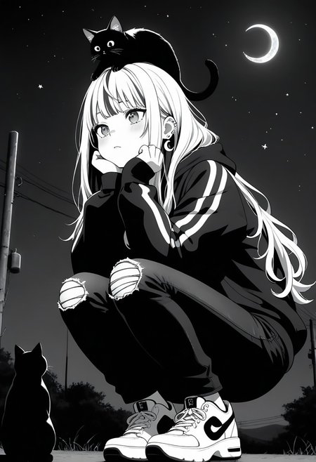 masterpiece, best quality, amazing quality, LDSCH, aesthetic, 1girl, crescent_moon, cat, virtual_youtuber, animal_on_head, on_head, long_hair, moon, sneakers, sky, shoes, power_lines, solo, cat_on_head, squatting, pants, bangs, hood, jewelry, night, earrings, outdoors, utility_pole, torn_pants, torn_clothes, star_\(sky\), ear_piercing, piercing, hoodie, head_rest, animal, black_cat, hair_behind_ear, jacket, monochrome, starry_sky, night_sky, torn_jeans, sitting