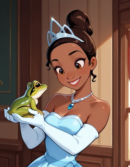 masterpiece, best quality, amazing quality,  very aesthetic, absurdres,  newest, detailed background, 4k, 8k, indoors,  
tianaxd, 1girl, dress, dark skin, gloves, elbow gloves, jewelry, brown eyes, tiara, dark-skinned female, frog, necklace, holding animal, solo, very dark skin, strapless, brown hair, blue dress, white gloves, bare shoulders, holding, smile, indoors, hair bun, blue dress,
<lora:Tiana_-_Disney_Illustrious:1>