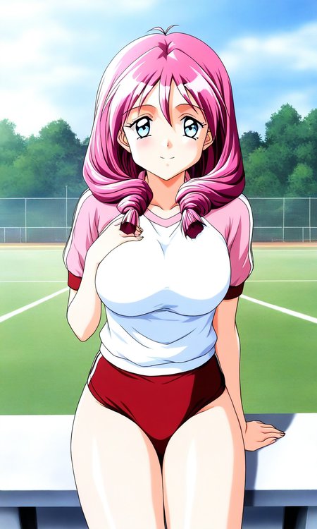 general,highres, ultra-detailed,very aesthetic,best quality ,best hands, BREAK <lora:Shirayuki_Mihoï¼Maho_Tokimeki_Memorial2_IS:1>
Shirayuki_Mihoï¼Maho, pink hair, blue eyes, long hair, large breasts, 
red buruma, cowboy_Shot, sky, ground, raglan sleeves, pinkï¼white_sleeve, looking at viewer, white background, sitting, short sleeves,