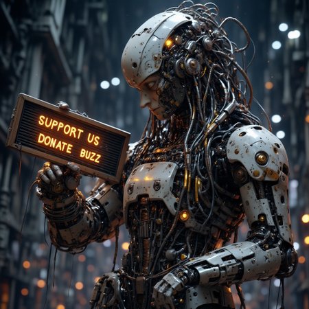 mythp0rt, cute semihuman robo, holding a machinal signboard glowing letters  saying "Support Us Donate Buzz"