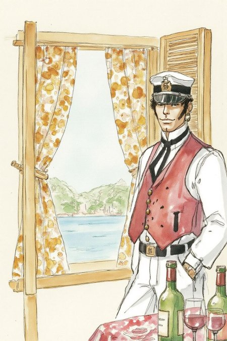 hugop1 watercolor illustration. 
A watercolor drawing depicting a sailor standing in front of a window with a view of a serene coastal scene. The sailor, is dressed in a white shirt and a red vest. He wears a black bow tie, a single earring, and a white sailor cap. In front of the sailor is a table with wine bottles on top.
 <lora:hugop1_cap_d6a3e12:1.0><lora:824358267682815950:0>