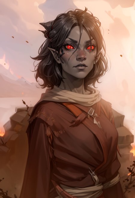 thick outlines, photorealistic, 1girl, young, cute, black hair, pointy ears, red eyes, dark sclera, (gray skin:1.3), volcanic desert, ashes, dry plants, red foggy sky, dusk, <lora:Dunmer-female:1.5>,  <lora:add_detail:0.7>