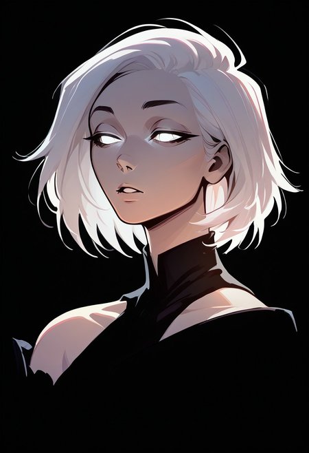 Score_9, score_8_up, score_7_up, score_6_up,
1gir, solo, woman, 
short hair, white hair, 
portrait, upper body, 
dress, black dress,
blend_in, black background, 
glowing eyes, looking away, half-closed eyes, 
parted lips, sensual lips, 
black splatter,