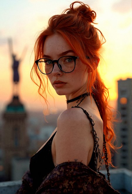 Portrait of a stunning 18-year-old woman with ginger hair, bright aqua eyes, subtle freckles, thick eyebrows, and trendy glasses giving her a nerdy appearance.A delicate chain attached to her glasses, allowing them to hang around her neck when not in use.
 She is wearing a stylish, modern outfit and is shown from the waist up, striking a random pose while looking directly at the viewer.

A contemporary art installation, interactive piece, stands prominently on the rooftop. The artwork is illuminated by soft lights, making it stand out against the sunset.




