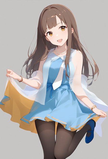 1girl,
mizumoto yukari,


light blush, short dress, long hair, solo, necktie, jewelry, standing, blue dress, yellow eyes, smile, sleeveless, skirt hold, sleeveless dress, grey background, dress, shoes, flats, standing on one leg, white necktie, pearl necklace, blunt bangs, pantyhose, looking at viewer, open mouth, brown hair, black pantyhose, hair intakes, shawl, bracelet, :d, necklace, blue footwear, simple background,

sfw
<lora:a31_char_new_mizumoto_yukari-000022:1> <lora:a31_style_koni-000010:0.8>