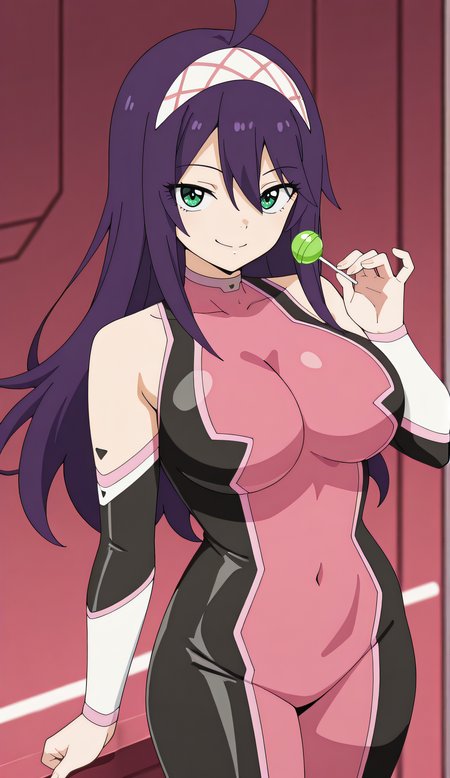 masterpiece, best quality, highres, newest, 1girl, official style, anime screncap, <lora:IL_Maria_Slime:1>, mariaslime, purple hair, lagre breasts, bodysuit, looking at viewer, smile, indoor, cowboy shot, lollipop, five fingers