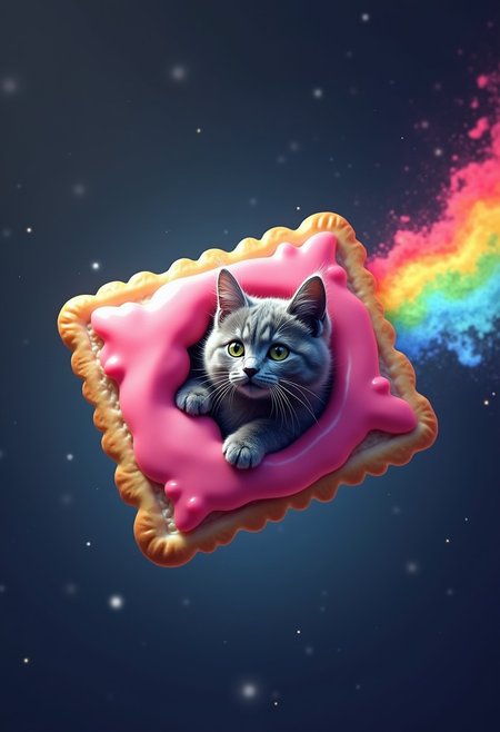 A grey cat inside of a pink pop tart flying through space, leaving a rainbow trail, viewed from side, best quality, masterpiece,