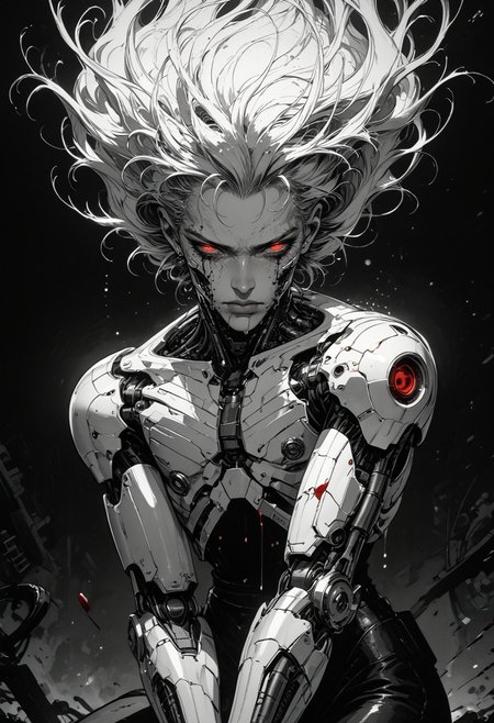 score_9, score_8_up, score_7_up, sad, tears, 1boy, mechanical parts, cyborg, mask, half closed eyes, red eyes, spot color,  monochrome, greyscale, male focus, floating hair, eyelashes, dripping, silhouette,  limited palette, dark aesthetic, Sinozick, kneeling, blood, in pain, <lora:sdxl_lightning_8step_lora:1><lora:Art_Adams_Style_Pony_XL:0.5><lora:Dark_Anime:0.2><lora:glowneon_xl_v1:0.4> <lora:nostalgia-000011:0.3>  <lora:GRIM_v1:0.4>  <lora:Sinozick2:0.3>