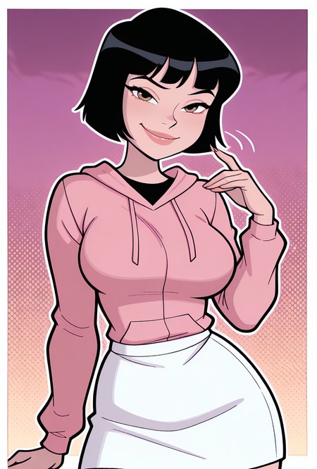 cartoon, screencap,  <lora:julieaf:1> julieaf, 1girl, short hair, black hair, lips, white skirt, pink hoodie long sleeves, hoodie over skirt , smile, expressive face, naughty pose, seductive pose, sexy pose <lora:welwraith-guy90-Illust-Lycorisv1:1> welith, curvy, masterpiece, best quality, amazing quality, very aesthetic, absurdres, newest,, upper body, halftone effect, white borders, abstract background:1.2,