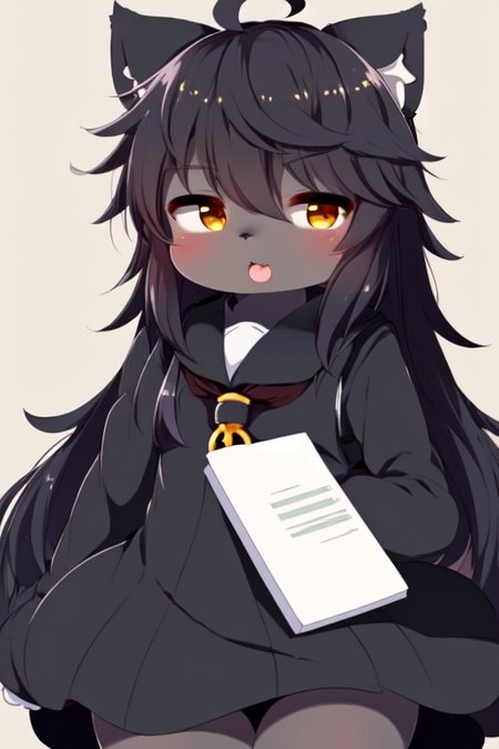 safe for work, (art by nefuraito336), (best quality:1.5), (focus in solo), furry girl, cat, ahoge, long hair, (cute round face), (black skin), fluffy tail, ((student dress)), ((in house)),