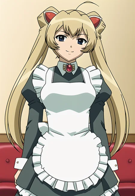 , score_9, source_anime BREAK, indoors,  living room, standing, sexy pose,  leaning on wall, <lora:AyumiMamiya(One Trainer)V1:1>AyumiMamiya, 1girl, solo, evil smile,  looking at viewer, 
long hair, blonde hair, bangs, (sidelocks), twintails,  hair ornament, ahoge,
maid,  apron, white apron, brooch, collared dress,