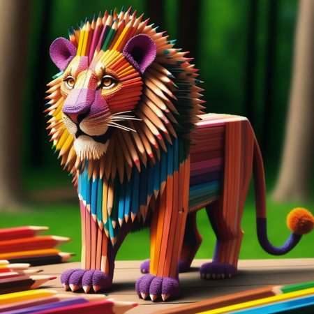 cute lion made out of pencils, office like savannah landscape, Pencil_morph_style, vibrant colours, 4k