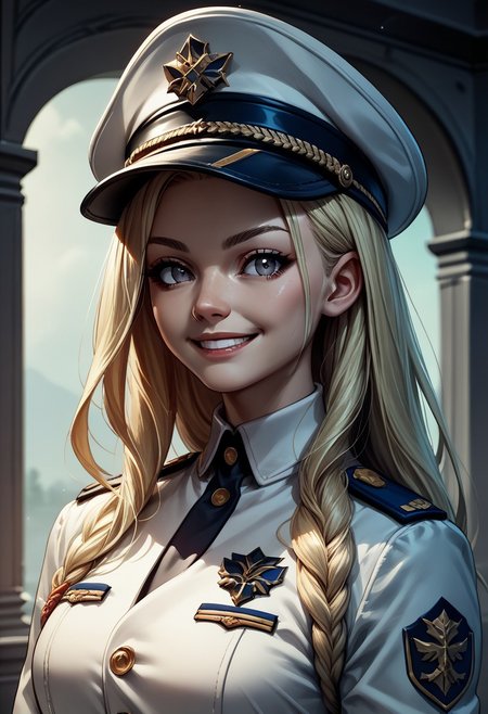 PonyXLV6_Scores BREAK  MiskyPie, 1girl, solo, hat, blonde hair, smile, long hair, upper body, uniform, grey eyes, cinematic angle, cinematic lighting, source_anime,