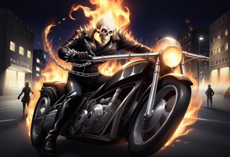 masterpiece, best quality, amazing detail, Tirotata, GhostRider, skull head, on fire, leather jacket, leather pants, gloves, spikes, chain, motorcycle, chain, chain on fire, street, city, night,
