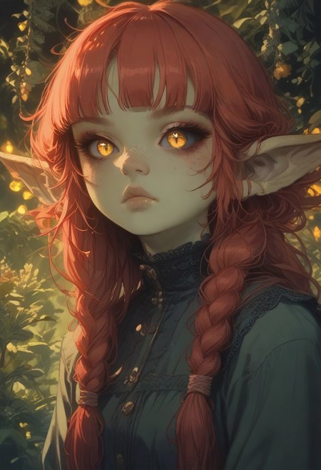(Score_9:1.1), score_8_up, score_7_up,
(glimmer,glitter,limited lighting, high contrast, highres, closed_mouth:1.4, absurdres),(leaning forward:0.4)
Fl0ralD0lls ,Goblin
solo, short stature, shortstack, pointed ears, big eyes,goblin ears, goblin woman, green skin, big eyes, glimmering eyes, (black sclera, slit pupils, yellow iris, glowing iris), (ferns:1.3), realistic, focus on face, hime cut, red hair,((hair in very long single braids)), big lips, full lips, glossy lips, matte skin, matte colours