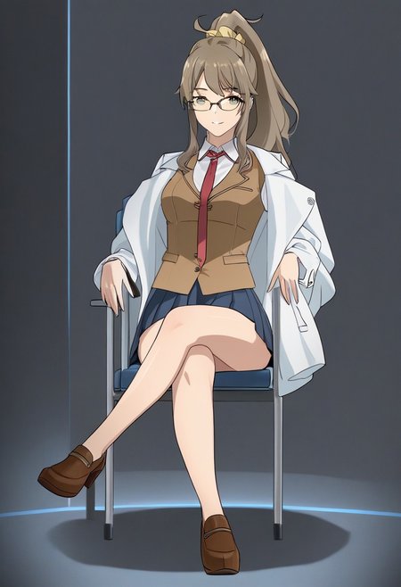Basic Instinct Pose, B4sic1nstinctP0se, low angle, 1girl, 1woman, fullbody, basic_instinct_(movie), smirk, looking at viewer, facing viewer,sitting, crossed_legs, on_chair,school uniform,codeandigital,c0dean0igital,cyberw0rlds,Futaba_Rio, labcoat, brown vest, blue skirt, pleated skirt, red tie, white collared shirt, glasses, long hair, detailed background, futuristic world, digital world, thin, ponytail, yellow scrunchie, yellow hairtie, clean lineart, anime screencap, anime, bare legs, brown shoes, flat shoes, school shoes, official art