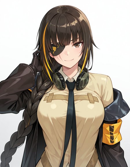 Volumetric Lighting, (masterpiece), (best quality), (ultra-detailed), masterpiece, source_anime, score_9, score_8_up, score_7_up BREAK, illustration, disheveled hair, detailed eyes, perfect composition, moist skin, intricate details, detailed eyes, detailed face, detailed fingers BREAK, brown eyes, long braid, single braid, black hair, blonde hair, streaked hair,scar across eye BREAK, m16def, headphones around neck, def_eyepatch, def_coat, def_shirt, def_gloves, def_necktie, def_single_armband,BREAK, ((white background)), standing, looking at viewer,upper body,face focused, hand up, smile