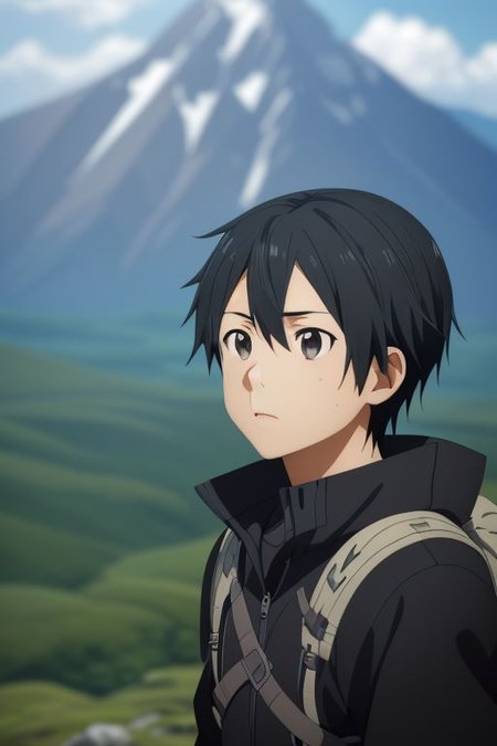 high resolution, solo, best quality, 1Boy, Kazuto Kirigaya, portraits, Black Hair, Black Eyes, landscape, looking away, high mountain, hiking gear, shallow depth of field, OverallDetail
