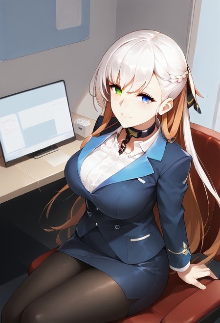 score_9, score_8_up, score_7_up, score_6_up, raw, 8k, source_anime, 1girl, solo, mature female, fusion, belfast \(azur lane\), springfield \(girls' frontline\), heterochromia, blue eyes, green eyes, two-tone hair, split-color hair, auburn hair, white hair, french braid, hair rings, long hair, large breasts, curvy, smile, warm smile, choker, chain, hair ribbon, office lady, blue jacket, blazer, white shirt, blue skirt, black pantyhose, cowboy shot, sitting, office chair, indoors, office, from front, from above, azur lane, girls' frontline, official style, painterly, perfect hands, nose, lips,