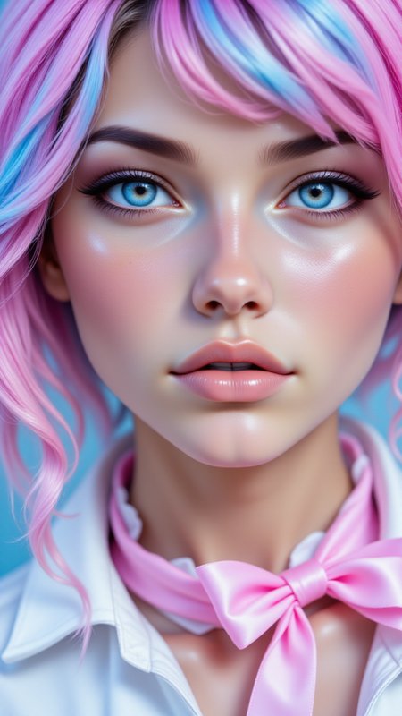 1woman, dllj02,  A close-up shot of a supermodel with cotton-candy-inspired colors. Her hair has pastel pink and blue streaks, her eyelids are dusted with baby blue shadow, and her lips are a soft pastel pink gloss. The lighting is soft, like the dreaminess of a carnival.,<lora:BetterPortraits:0.7>, jedjv1,  <lora:JedJourney_epoch_7:0.3>, <lora:FLUX_Dolleij02:0.7>