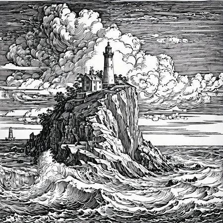 durer, engraving, monochrome, lighthouse on a high cliff, rough sea, puffy clouds, <lora:DURER-01:1>