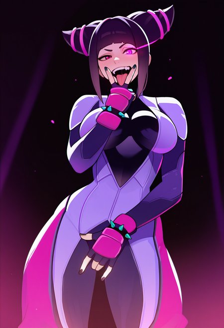1girl, solo, han juri, cunnilingus gesture, curvy, dark background, glowing eye, tongue, bodysuit, v over mouth, fingerless gloves, 
masterpiece, best quality, <lora:rezodwel-guy90-Illust-Lycorisv1:1> rezwel