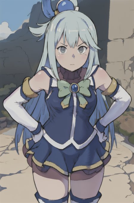 Aqua(/Konosuba)/,(ultra HD quality details), pale skin, blue eyes, blue hair, long hair, hair ornament, hair rings, single hair ring, blue footwear, blue hair, blue thighhighs, boots, detached sleeves, thigh boots, thighhighs, white thighhighs, thighhighs, bare shoulders, blue skirt, blue shirt, green bow, hands on hip, legs aside, leaning forward, angry face, Bravely Default Style, yoshida akihiko, <lora:pony\char\anime\Aqua (Konosuba) - XL Pony V2.0.safetensors>, <lora:styles\yoshida_akihiko_offset.safetensors>, <lora:styles\BravelyDefault.safetensors>, <lora:FinalFantasyTacticsJob.safetensors>, <lora:char\anime\aqua_konosuba-000035.safetensors>, <checkpoint:[Pony] prefectPonyXL_v10.safetensors>