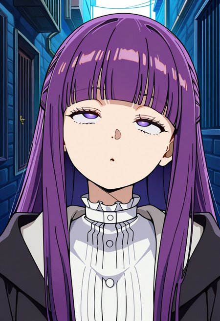 masterpiece, best quality, highres,(crossed eyes:1.5),(rolling eyes:1.2),wide eyed,o,head tilt,Alley,midnight,  1girl, solo, Fern (Sousou no Frieren),purple hair, long hair, bright pupils, blunt bangs, cross3d_3y3s, crossed_eyes, empty_eyes,  <lora:Crossed_eyes_-_Hypnosis_-_Illustrious:1.5>