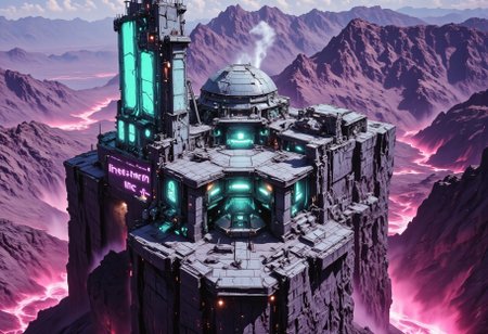 OBxiaoxiang, CAICO, inksketch purple and gray theme, Abstract digital painting in the style of ck-js, detailed photorealistic image, a sci-fi Miningstation of colossal buildings and towers in a barren lavender lush landscape, looking like an Mining Outpost perched at the Cliff, a smelter attached to the structures, of a volcanic cliff, its sleek towers a stark contrast to the cliffs surrounding it. The planet’s sun casts a vivid, cyan surreal light across the station, while deep fissures reveal glowing rivers of molten pink lava far below. The sky is a surreal shade of black and purple, dark glowing diodes and lights ((dark glowing diodes, lights and neon signs), Firestorm Inc. written on the neon signs), attached to the building is a landing field with 3  Spaceships landed on it, Dragonkin like creatures are around fixing some spaceships, two moons hanging low in the horizon, each reflecting light off the surface, large depth of field. The sky is a dark pink, with 2 broken moons hanging low in the horizon <lora:more_details>
realistic, detailed background, shaded, detailed, hi res, realistic, photography \(artwork\), (by kenket), by ross tran, by michael & inessa garmash, by pino daeni, by isvoc, by kiguri, by alena aenami, by ruan jia, (by zenthetiger, by wolfy-nail), by Enki Bilal, by drmax, photorealism, <lora:add_detail:1.3
