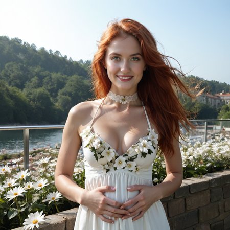 FiadhRose01,score_9,score_8_up,score_7_up,realistic,a fit red hair,green eyes,irish nationality,as a ((miskatonic scholar)) with ((long hair)) with a choker,snugly encircling the neck,often made of lace,velvet,or leather,exuding a mix of elegance and edge,dressed in black halter top,white flower accessory,indoor setting,large windows,daylight,minimalistic decor,outdoor view,standing upright,looking forward,hands on stomach,slight smile,casual stance,natural light,close-up shot,eye-level angle,on a terraformed Martian colony,laser lighting,(cinematic,teal and orange:0.85)   ,