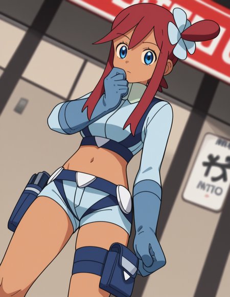 score_9, score_8_up, score_7_up, source_anime, <lora:pokemon-skyla-anime-ponyxl-lora-nochekaiser:1>, skyla, blue eyes, hair ornament, one side up, red hair, short hair with long locks, sidelocks,, blue footwear, blue gloves, blue jacket, blue shorts, boots, crop top, cropped jacket, gloves, jacket, midriff, navel, short shorts, shorts, thigh pouch,, bus stop, waiting, commuter, smartphone, checking time, cold morning, , looking at viewer, knee bent, hand on neck, foot pointed, solo,, cowboy shot, dutch angle