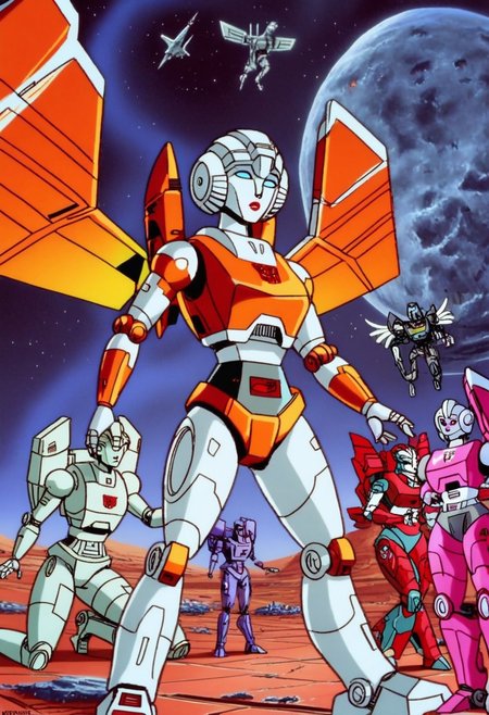 robot planet in space
score_8_up <lora:Transformers 86 FT-, 5 characters, female, Autobot, break, first character: wings, slim waist, transforms in to space jet, armour (orange, white red), break, second character: transforms in to space jet, armour (Red, white, orange, narrow wings, break, third character: transforms in to space jet, armour (Red, white, orange), wings, break, fourth character: transforms in to space jet, armour (Red, orange, white) large wings, break, fifth character: large bulky, transforms in to heavy space gunship, armour (Red, white, orange), 000005:1>