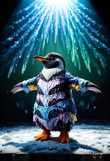 award winning,   A glamorous penguin in a P4NT13S dress,  performing a Broadway musical number on an icy stage under the northern lights   ,enhanced textures, creative, beautiful, vibrant, masterpiece, 8k, Ultra HD, amazing details, amazing quality, amazing artist, sharp edges, detailed textures, full view, atmospheric lighting, amazing visuals