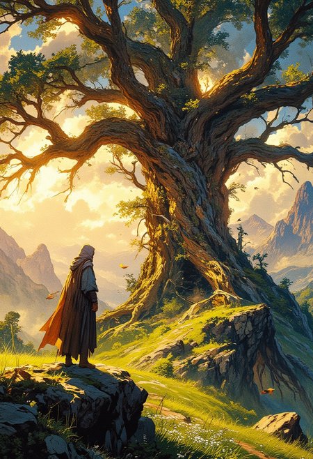 A mystical, epic fantasy landscape featuring a lone cloaked figure standing on a rocky hilltop, gazing at a massive, ancient tree with sprawling branches. The tree is illuminated by the golden glow of the setting sun, casting dramatic shadows and creating a warm, ethereal atmosphere. In the background, misty mountain ranges stretch into the horizon under a partly cloudy sky with soft beams of sunlight piercing through. The ground is covered in lush green grass, scattered with small flowers and fallen leaves dancing in the wind. Birds are flying around, adding to the sense of mystery and grandeur. High detail, cinematic lighting, epic fantasy aesthetic with a magical, serene vibe