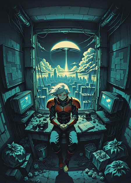1 boy, armor, accents, bw, power lines, pauldrons, closed eyes, cloud, ringed eyes, cable, floating hair, own hands together red eyes, short white hair, uneven bangs,  sitting on a desk, 
isometric, cluttered room, dark room, low lights, dirty room, trash bag, used tissue, desk, pc screen, camera set, windows, many toys, perfect feet, cityscape 
masterpiece, best quality, ultra-detailed, best illustration,  sci-fi, illustration, retro, gritty monocrhome