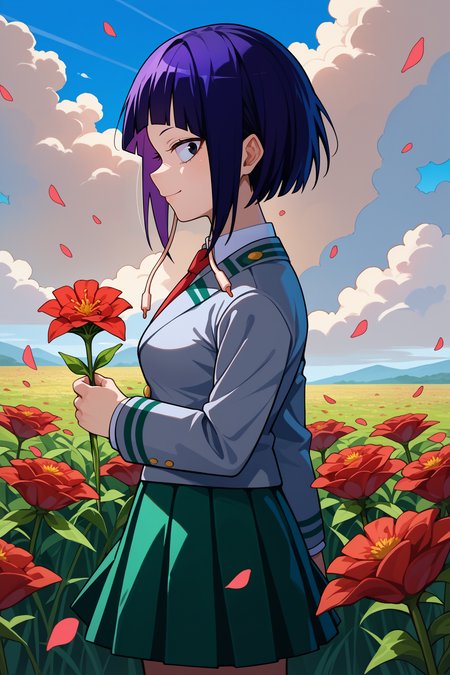 score_9, score_8_up, score_7_up, score_6_up, source_anime, 1girl, solo  <lora:kyoukajiro-pdxl-nvwls-v1-000006:1> bnhakj, black hair, purple hair, short hair, blunt bangs, black eyes, audio jack, long earlobes, grey blazer, white shirt, collared shirt, red necktie, dark green skirt, pleated skirt, black socks, medium breasts, field, from side, holding flower, looking at you, profile, smile, blue sky, flower petals, clouds, wide shot