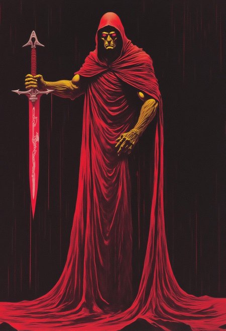 DNdGr41nyB0yz style, Dark fantasy illustration of a VAMPIRE wielding a Large Energy sword, grainy, noise, 1970s dark cyberpunk book cover paper art dungeons and dragons style drawing, red theme