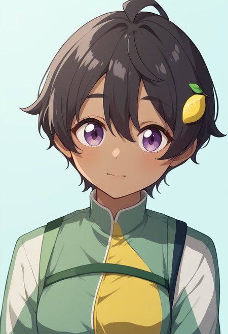 score_9,score_8_up,score_7_up,<lora:yakishio_remon_pony:1>,1girl, ahoge, black_hair, closed_mouth, dark-skinned_female, food-themed_hair_ornament, green_jacket, lemon_hair_ornament, looking_at_viewer, purple_eyes, short_hair, solo, upper_body, yakishio_remon