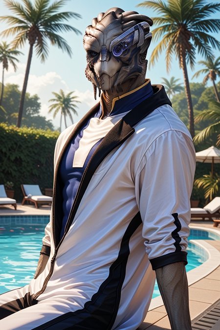 score_9, score_8_up, score_7_up,
<lora:MEGarrus:1.0>
MEGarrus, 1boy, alien, blue eyes, looking at viewer, lounging by a poolside, with palm trees swaying in the tropical breeze