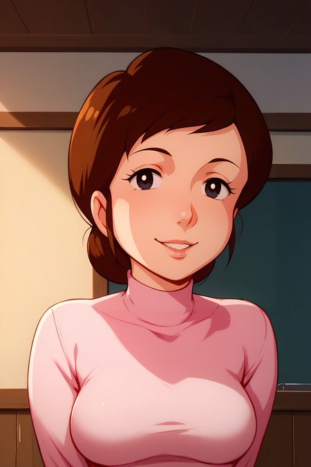 score_9, score_8_up, score_7_up, score_6_up, BREAK, AtaruMotherUYXL, black eyes, brown hair, short hair, medium breasts,  turtleneck, pink shirt, long sleeves, solo, front view, (portrait, upper body), solo focus, seductive smile, looking at viewer, indoors <lora:AtaruMotherUYXL:1>