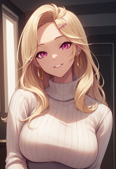 score_9, score_8_up, score_7_up, source_anime BREAK 1girl, solo, <lora:ein-nikke-richy-v1_pdxl:1> nnkk, pink eyes, blonde hair, long hair, hairclip, hoop earrings, looking at viewer, large breasts, turtleneck sweater, white sweater, ribbed sweater, parted lips, smile, indoors, black background