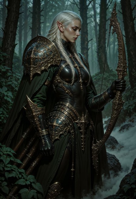 a highly detailed image of an elf archer standing in a dense, misty forest. She has long, platinum blonde hair, pointy ears, and a serious expression. She wears intricate, dark green and black armor with ornate designs, including shoulder plates and gauntlets. Her bow is elaborate, with a dark, metallic finish and decorative elements. The background features tall, blurred trees, enhancing the mystical atmosphere.
 <lora:flux.1_lora_flyway_Epic-detail_v2:0.85> <lora:FluxMythAn1meL1nes:0.8> <lora:MoriiMee_Gothic_Niji_Style__FLUX_LoRA_Test_2:0.65>