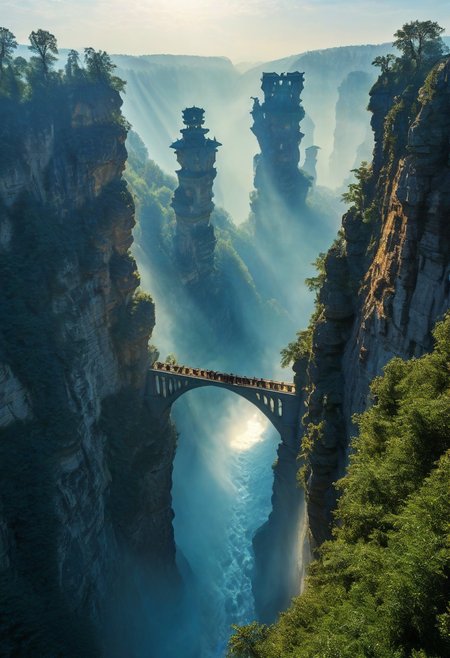 towers ringed in mist, sunrays, mixed media, surrealism, fantasy, great lighting, A surreal landscape highly detailed, extremely high-resolution details, appears trapped in an optical illusion of reflections and refractions colorful, Zhangjiajie mountains,  Vienna in contemporary Austria, stone bridges, winding rivers extending to the horizon, professional photography, natural lighting, volumetric lighting maximalist. vivid, vibrant colors, intricately detailed, complex, elegant, expansive, fantastical, film photography style, medium grain, cmnt
 (8k uhd:1,4)