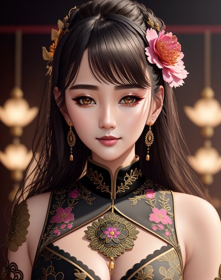 Masterpiece, high quality, 4K, beautiful design, shiny, from the front, award winning photo, extremely detailed, amazing, fine detail, absurdres, highly detailed woman, extremely detailed eyes and face, by lee jeffries nikon d850 film stock photograph 4 kodak portra 400 camera f1.6 lens rich colors hyper realistic lifelike texture dramatic lighting unrealengine trending on artstation cinestill 800 tungsten, solo, 1girl, dudou, pink,a woman smiling, excited , floral pattern, golden embroidery, black lining,woman wearing the dudou,LnF, a woman in a black lingerie, beautiful golden embroidery, leather , wearing LnF, 
 <lora:Dudou_LNF:0.8>
