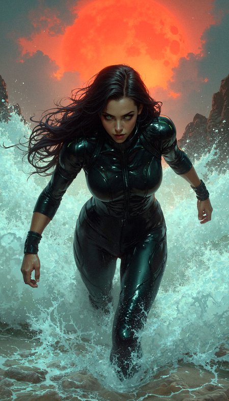 A striking woman pushes through turbulent water, her body slightly tilted forward as if moving against a powerful current. Her right arm is extended straight forward, fingers reaching outward as if grasping for something beyond the viewer. Her left arm trails slightly behind her, hand clenched into a fist, emphasizing the force of her motion. Her glowing green eyes are fixed with fierce determination, her head tilted downward, water droplets clinging to her sharp features. Her lips are pressed into a focused expression, hinting at her strength and resilience.
Her sleek, black bodysuit glistens with water, its wet, leather-like material reflecting the light. The bodysuit features intricate paneling and contour lines that highlight her athletic frame, with faint glowing accents along the seams adding a futuristic touch. Her flowing jet-black hair whips around her wildly, strands catching the light and blending seamlessly with the splashes of water around her.
The background showcases a vivid, glowing red sun that pierces through dense mist and rising steam. Arcs of water splash dynamically around her outstretched arm, creating a sense of motion and struggle. The lighting is a mix of warm golden highlights and cool blue tones from the water, emphasizing the contrast between her glowing, powerful form and the chaotic environment.
Art Style: Hyperrealistic, dynamic composition with sharp detail on her reaching pose, wet textures, and the interplay of light and motion. <lora:realism_lora_comfy_flux_converted:0.5> <lora:MoriiMee_Gothic_Niji_Style_FLUX:0.85>
