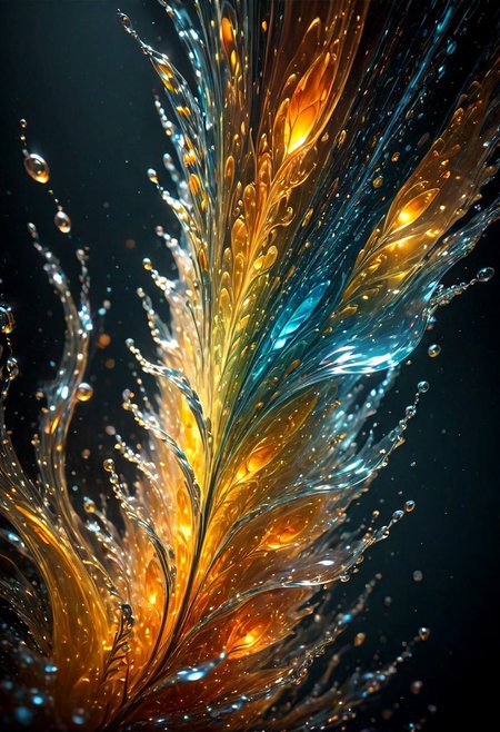An abstract shape, amazingly fluid, made of glass, detailed, 3d fractals, light particles, water drops, shimmering light, surreal, ink, smooth, shimmering, glow, cinematice contrast, Glow, 
16k