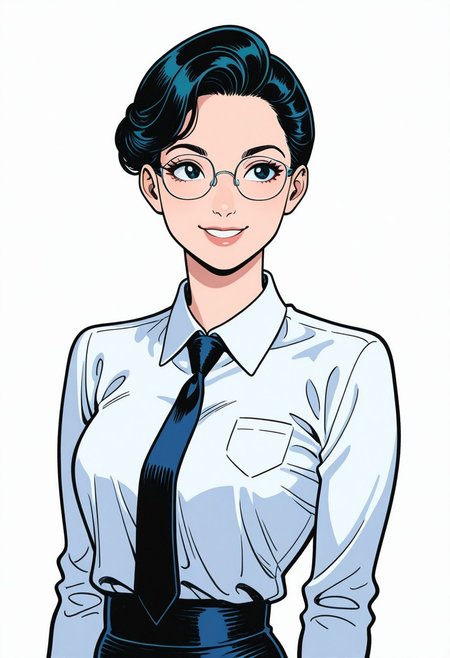 masterpiece, absurdres, 4K, cartoon, perfect face, perfect anatomy, utra hd, wwgoldenage, 1girl, solo, dianaprince, eye glasses, black hair, white shirt, tie, smile. White background, plain.