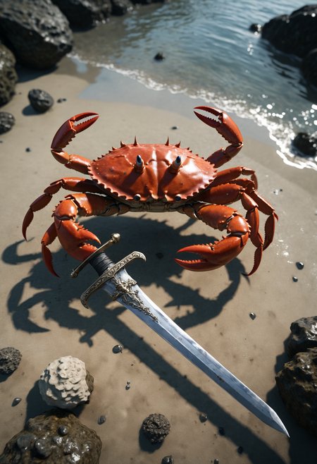 a crab holding a sword, pov, from above, attacking viewer,